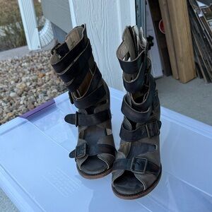 Freebird by Steven Black and Brown Multi-Buckle Block Heel Sandals